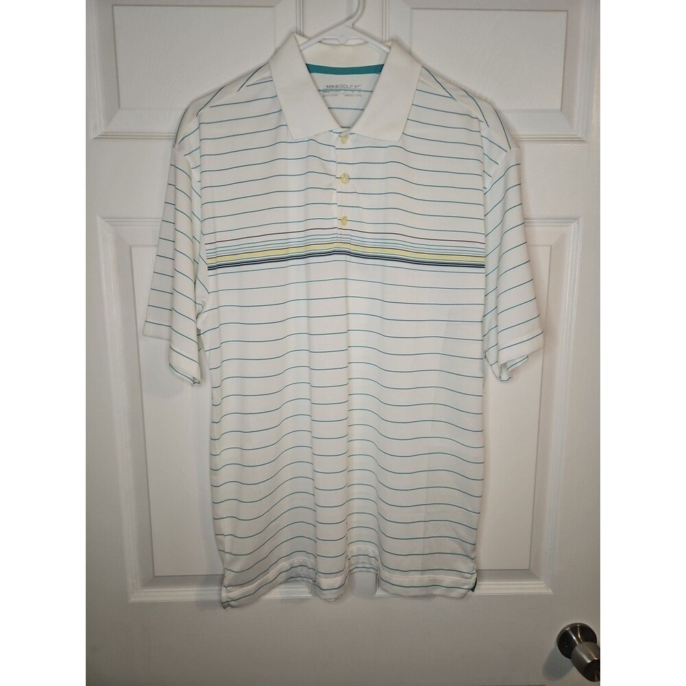 Nike Golf Dri-Fit Polo Shirt Mens Large White Green Striped Preppy Short Sleeve